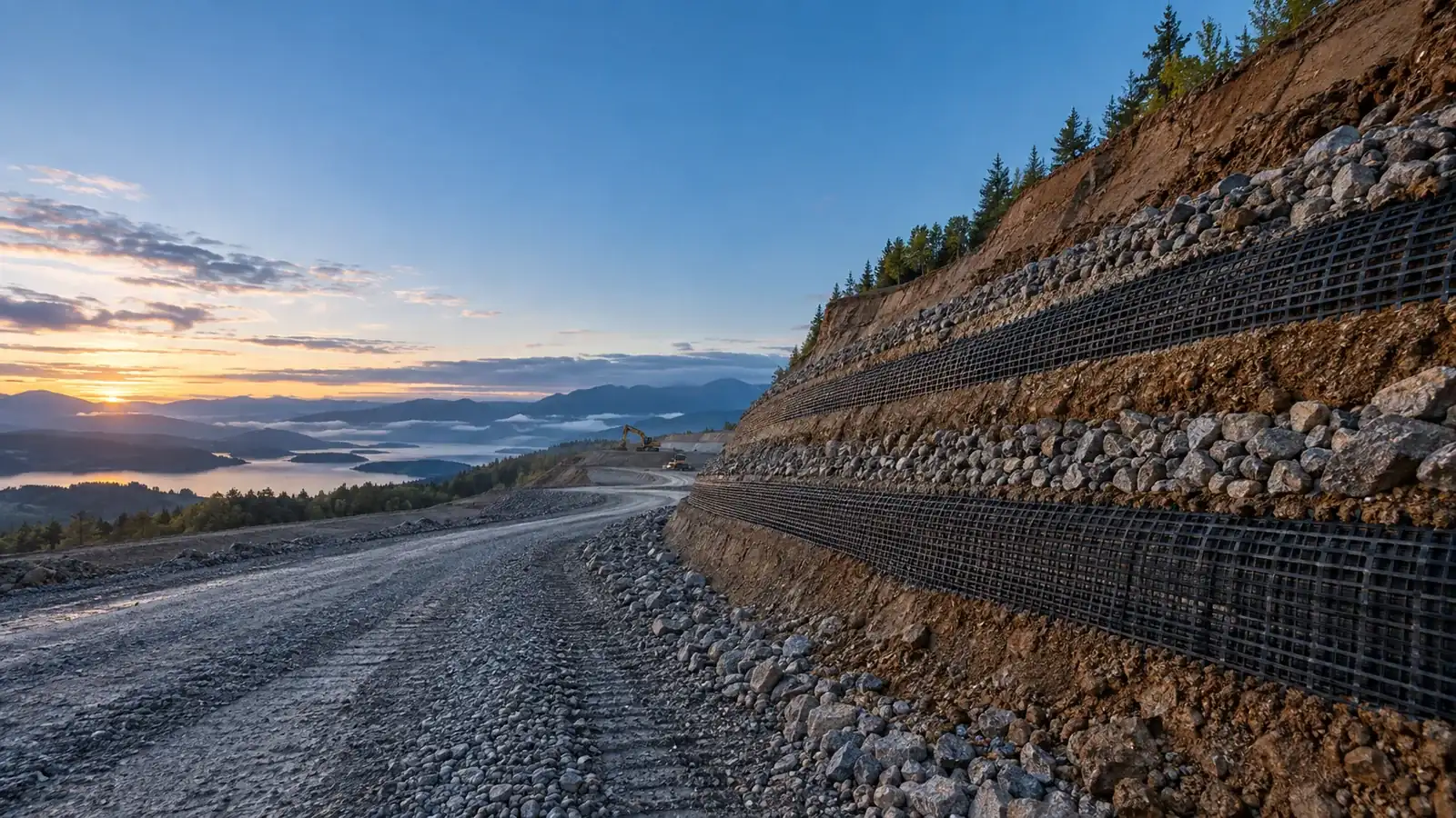 Geogrid-reinforced earthwork beside an access road